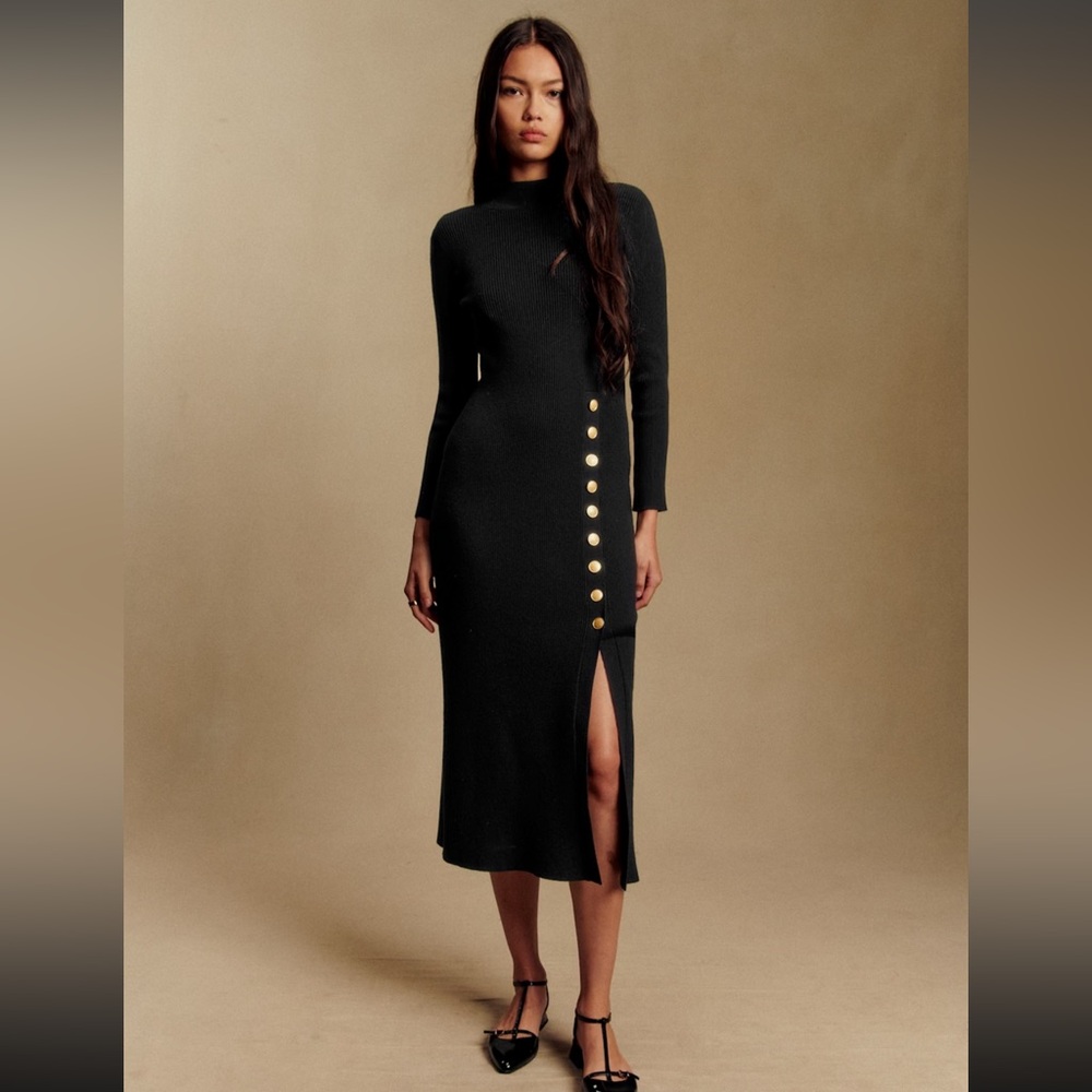 Sezane Harper Robe Noir S ✨ Black Long-Sleeve Midi Dress with Gold Side Buttons